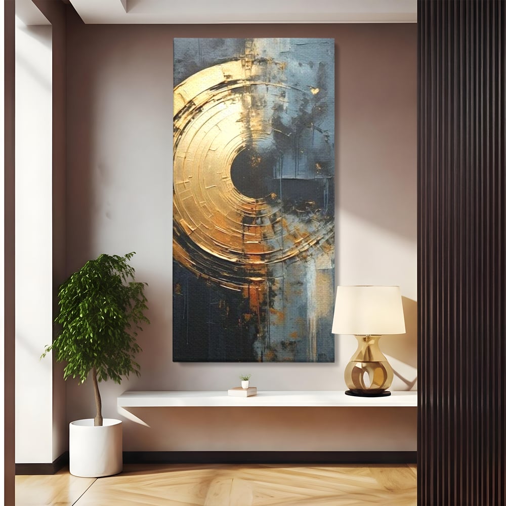 Tablou canvas cu tablou abstract cu cerc auriu, fara rama, pe sasiu de lemn